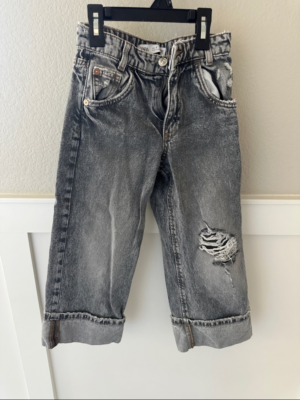 Zara Girls Black/Gray Washed Distressed Kids Jeans Size 7